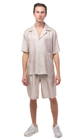 plain beige silk mens bowling shirt & shorts set