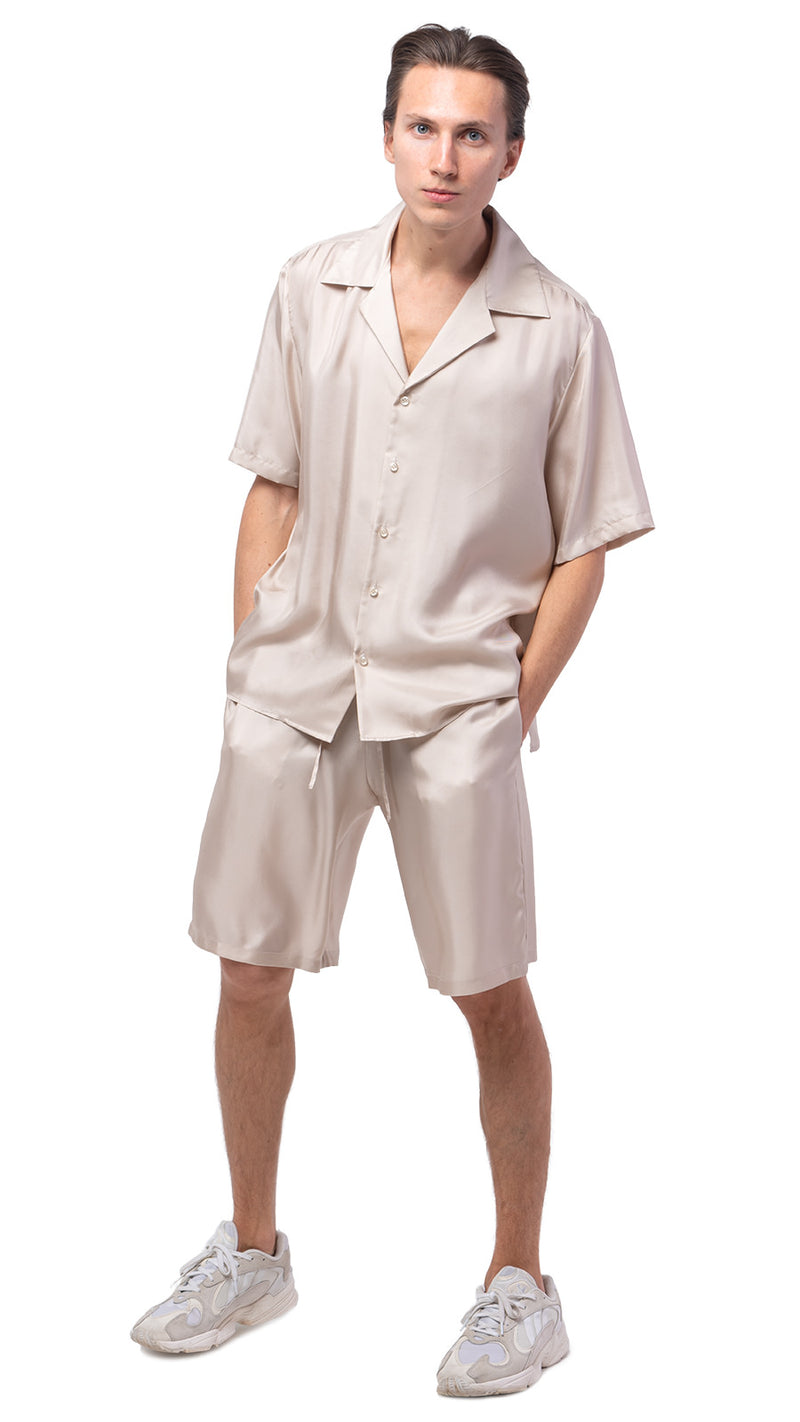 plain beige silk mens lounge shirt & shorts set