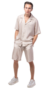plain beige mens silk bowling shirt and shorts